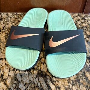 Kids Nike Black and Mint Green Slides with Copper Logo